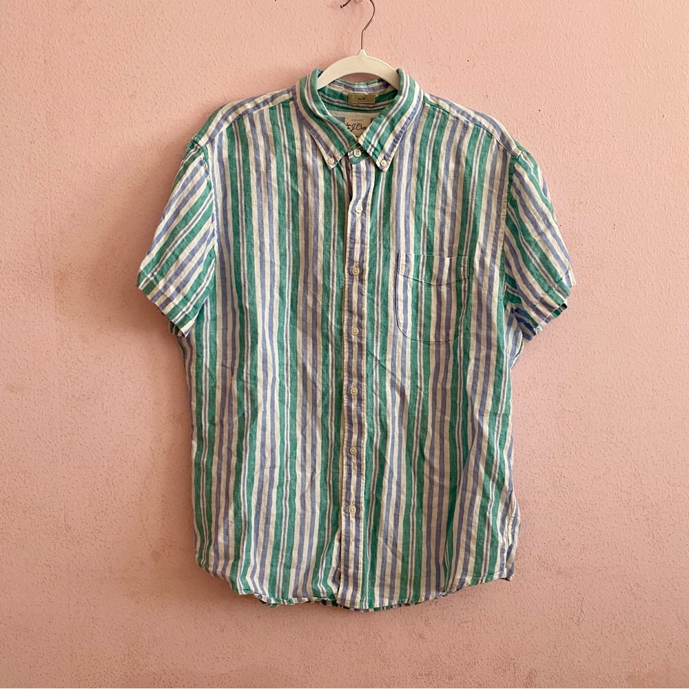 J.Crew 100% Linen Preppy Stripe Pocket Slim Short Sleeve Casual Button Down